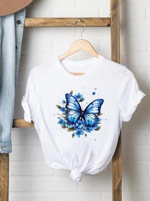 (Asiatische Größe) Schmetterling süß 90er niedlich Druck Weiblich Damen Druck Mode T-Shirt Oberteil Kleidung T-Shirt Frau Kurzarm Grafik-T-Shirts