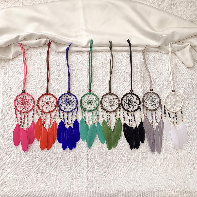 Bohemian Dream Catcher Wind Chime Pendant with Rice Beads - 5cm Wide, Southeast Asian Ethnic Style for Car Decoration.