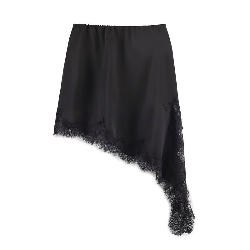 Women Satin Lace Trim Mini Skirts 2026 Summer Elastic Waist Asymmetric Hem Short Skirts Lace Half Slip Skirts Streetwear