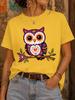 Colorful Sugar Skull Owl On Branch Womens Crew Neck Short Sleeve T Shirt Mexican Folk Art Cute Animal Graphic Tees For Ladies