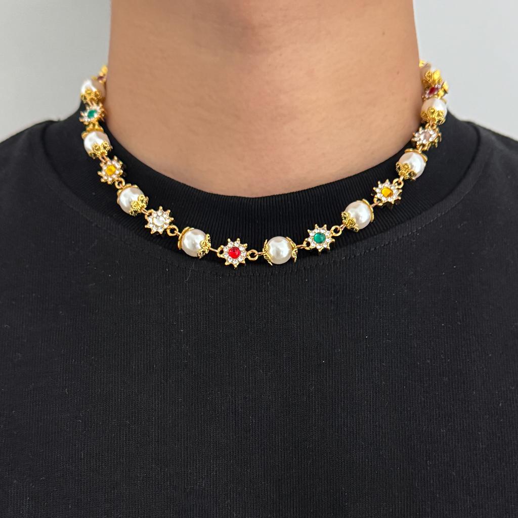 SHIXIN Hip Hop Colorful Rhinestone Sun Choker Necklace for Men New Trendy Adjustable Imitation Pearl Short Necklace Male Jewelry