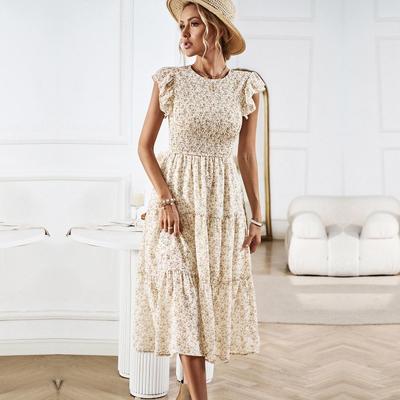 Robes imprimées décontractées à fleurs pour femmes, col rond, manches volantes, Slim, assorties avec tout, printemps été