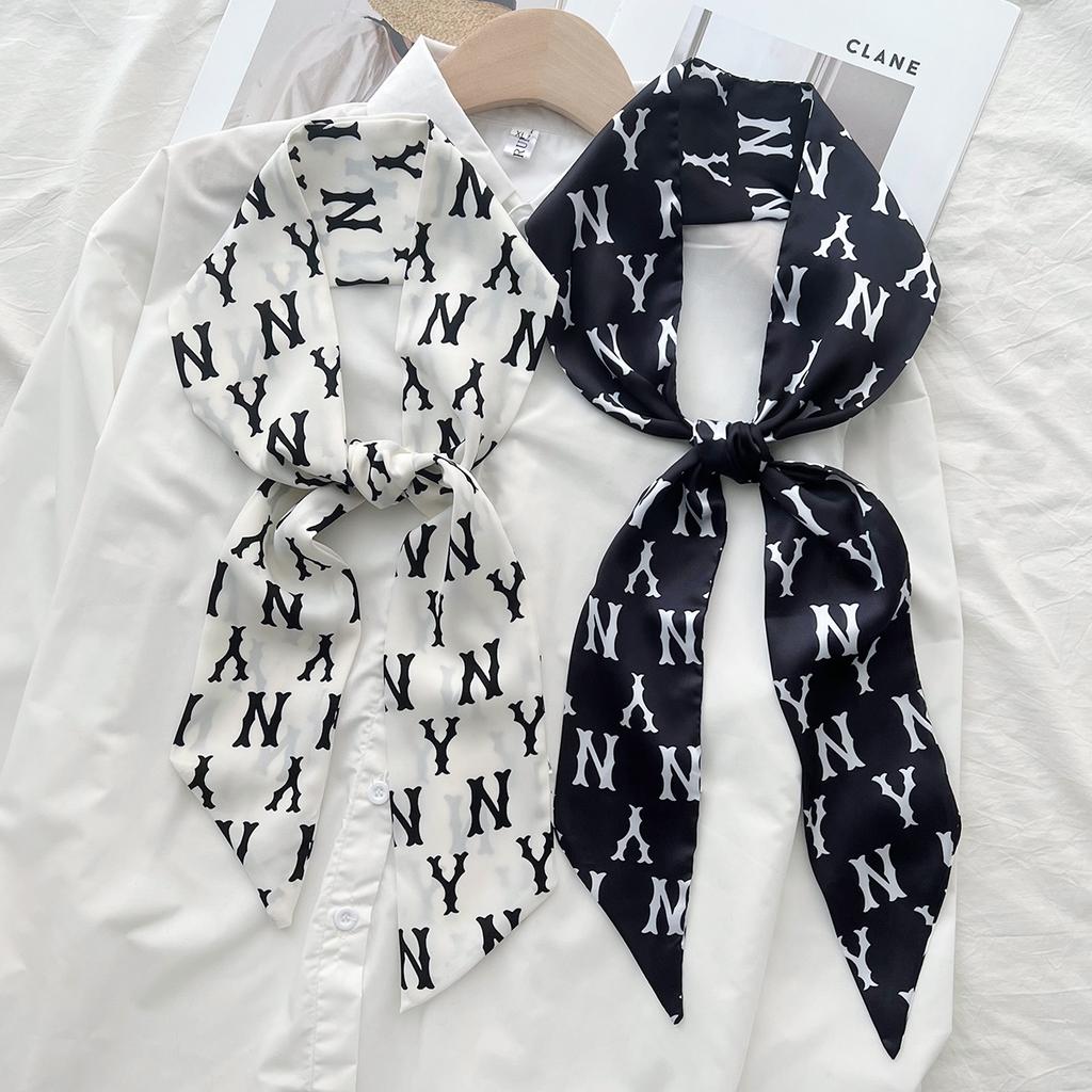 Black And White Letter Long Silk Scarf, Spring Retro Professional Changeable Decorative Scarf, Versatile Temperament Streamer