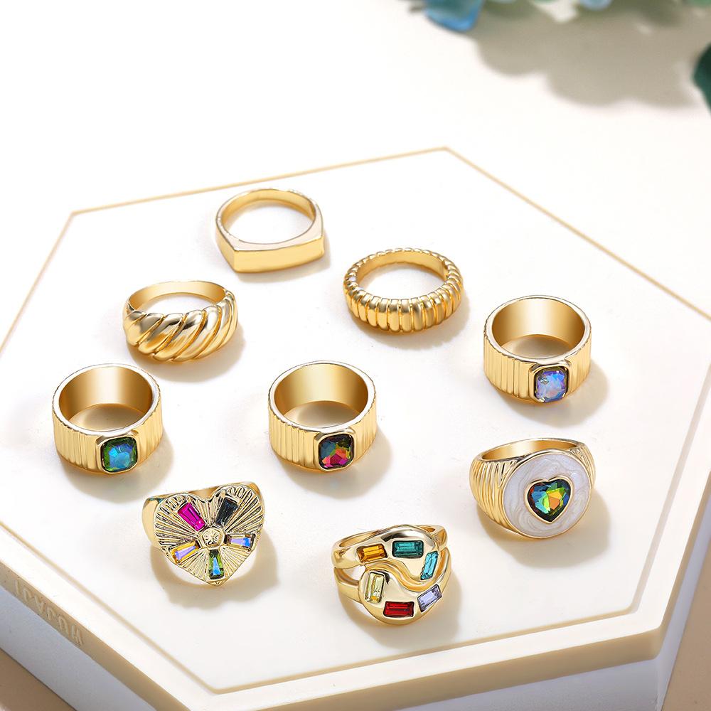 Color Diamond Drip Oil Peach Heart Crystal Ring Love Shaped Decorative Ring 18K Gold Hip Hop Stacked Joint Ring