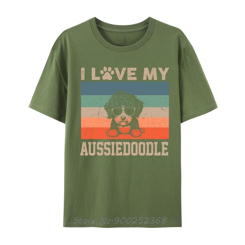 I Love My Aussiedoodle Cool Dog Vintage Retro Dog Christmas TShirt Fashion Graphic Tees Casual Cotton T Shirt Men Oneck Tshirt