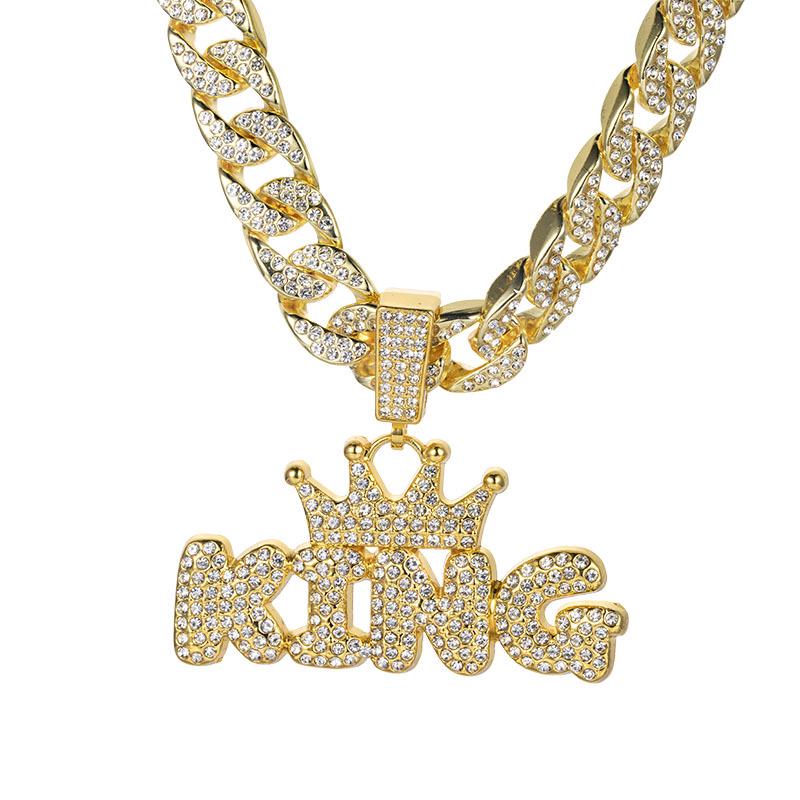 European-American Style Crown 'KING' Full Diamond Pendant on Thick Cuban Chain - Trendy Men's Hip Hop Jewelry