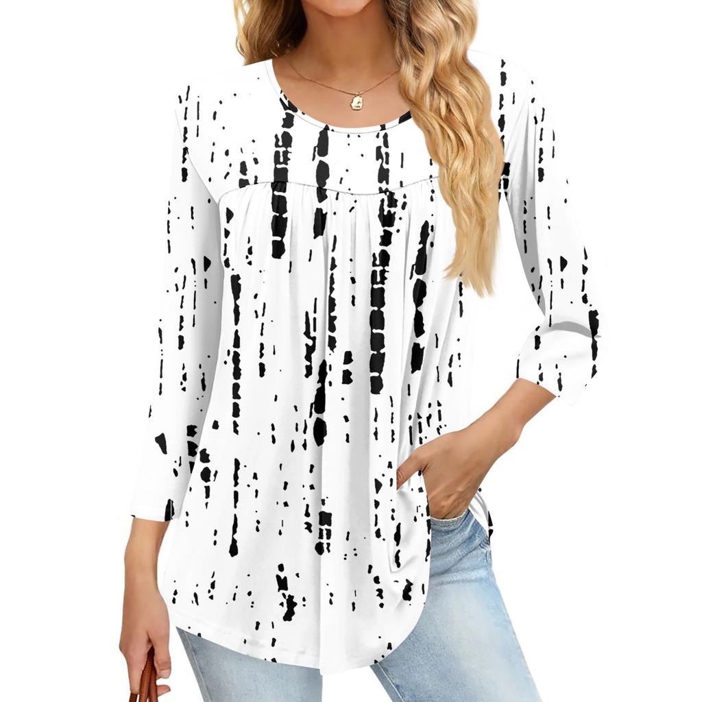 Damenmode Lässiges Dreiviertelarm-Oberteil mit Aufdruck und Rundhalsausschnitt