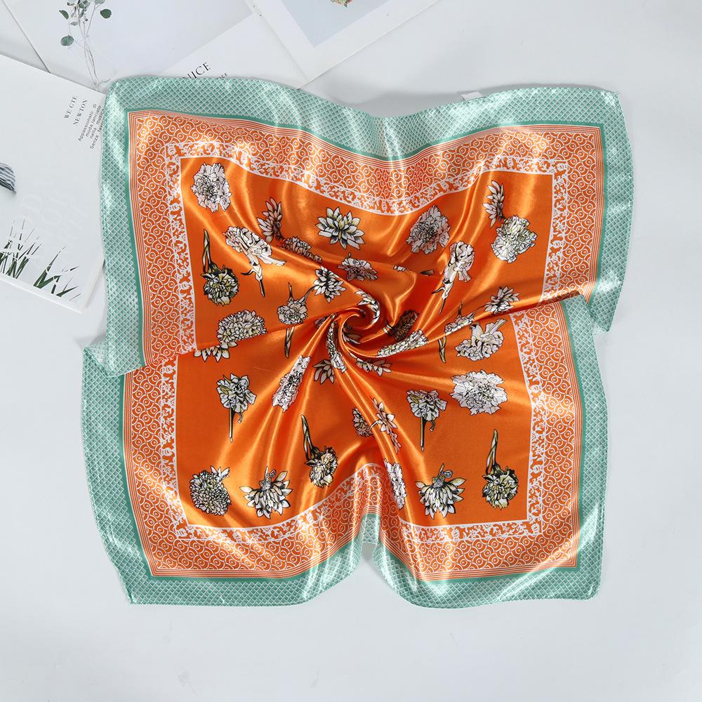 Stewardess Silk Scarf Floral Print 60Cm Small Square Scarf Satin Imitation Silk Scarf Decorative Scarf Neck Protection Scarf