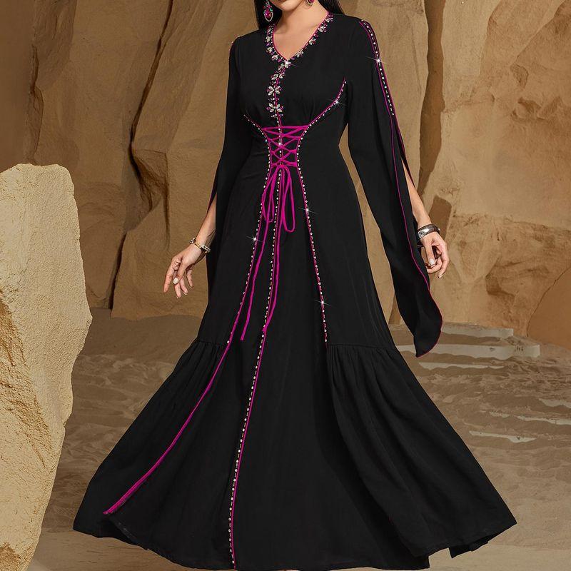 

Ближний Восток Дубай Бриллиантовый Облегающий талию Халат с длинным рукавом Шов Бурение Женская одежда Вечернее платье Большой размер Чувство дизайна Длинное платье Платье Black XL