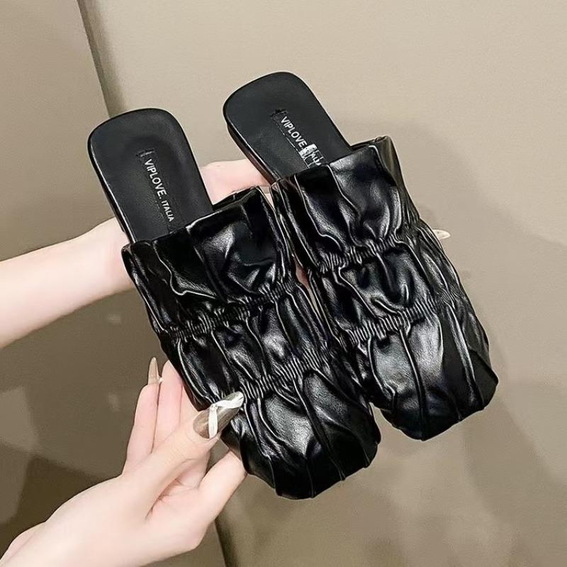 Fashion Spring New Baotou Flat Sandals for Women Fashion Square Head Deep Mouth Fold Soft Sole Anti-slip Wear-resistant Slippers