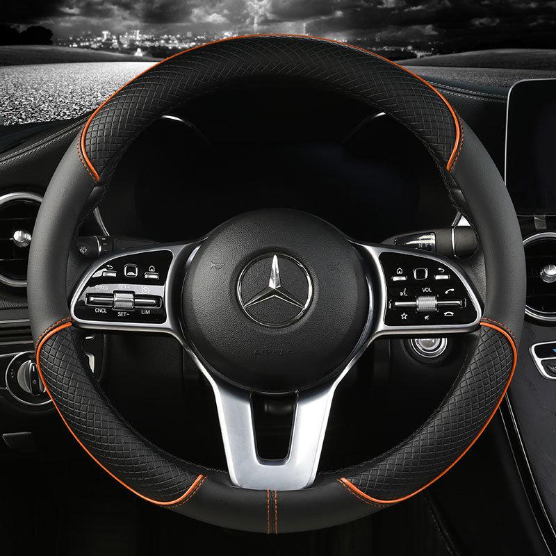 Universal Embossed All-Leather Anti-Slip Car Steering Wheel Cover - Faux Leather Grip, White Ring