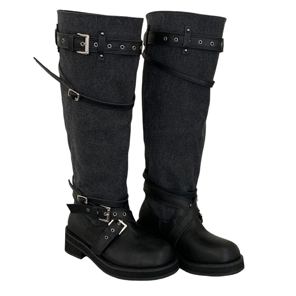 New versatile retro style belt buckle knight boots women's tall locomotive boots Maillard style western cowboy boots