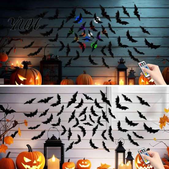 Festive Party Wall Accents 48Pcs Halloween Bats Decor, LED Light Up Bats, 12 Lights with Remote, Adhesive 3D Bat Stickers 6 Sizes for Indoor