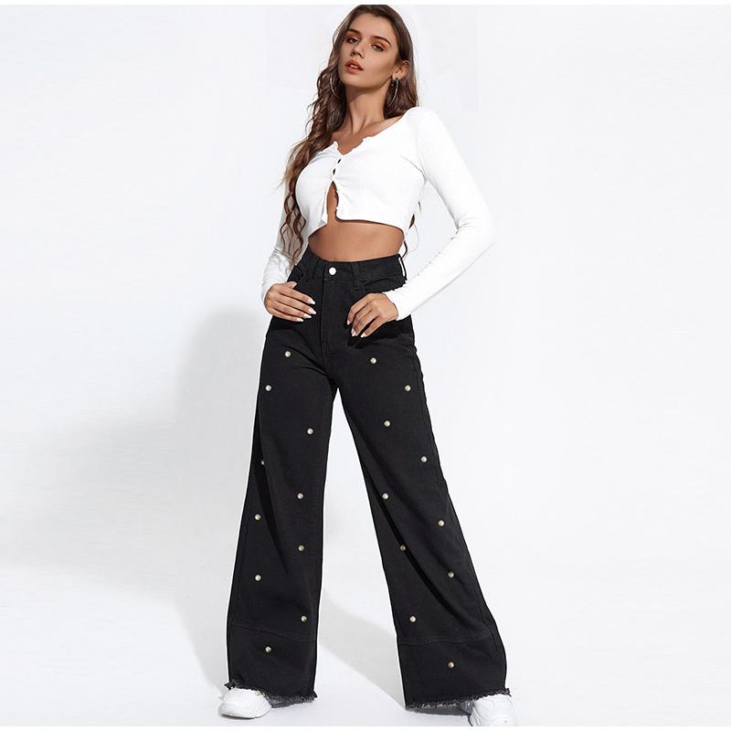 Jeans Women Pearls Wide Leg Pants High Waist Washed Distressed Tassels Spliced Pockets Vintage Denims 2025 Streetwear Trousers