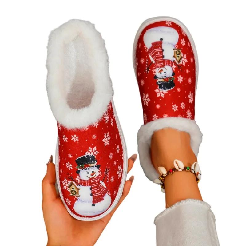 Modne płaskie kapcie z losowym nadrukiem, futrzane kapcie, zimowe nowe buty damskie, modne botki do kostki, śniegowce 2025, casualowe mule, ciepłe krótkie pluszowe botki damskie
