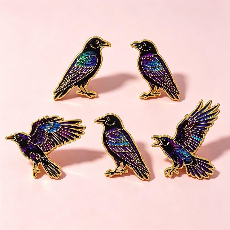 5Pcs Punk Enamel Pin Set Cartoon Crow Brooch For Coat Halloween Brooches Collar Lapel Pins Metal Badges Jewelry Party Gift