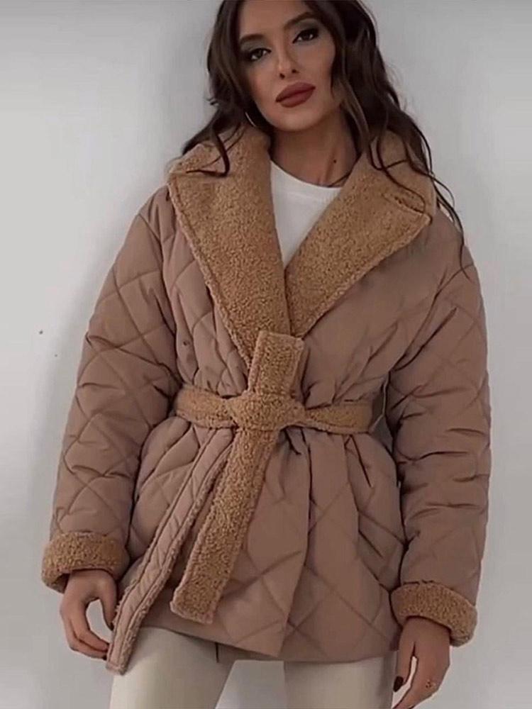 Women's Collar Tied Waistband Jacquard Thick Jacket Top