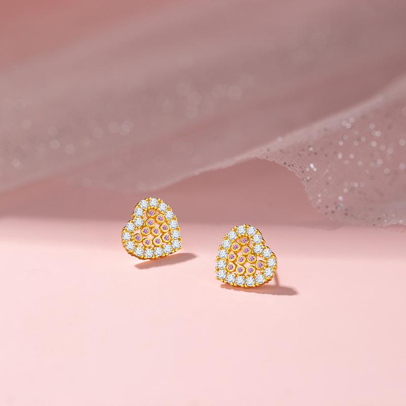 Pink Love Stud Earrings Women's Light Luxury Niche Ins Hollow Pink Zirconium Heart Earrings