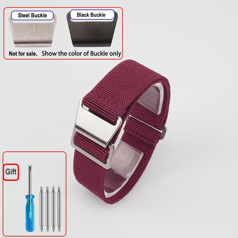 

60s French Troops Parachute Bag Elastic Watch Strap 18 20mm 22mm Nylon Watchbands Man s Universal Ballistic Fabric Wristband 18mm&Steel Buckle вино красного
