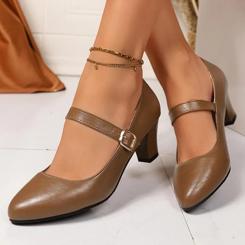 Fashion Women's Black White Mary Jane Pumps Buckle Strap Thick Med Heels Dress Shoes Woman Pu Leather Comfort Office Work Shoes Big Size