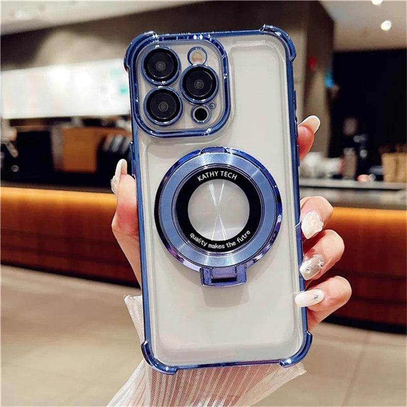 For iPhone 15 Pro Max Luxury Plating Frame Magsafe Magnetic Stand Phone Case For iPhone 11 12 13 14 15 Plus Lens Protective Cover