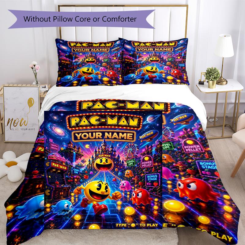 3pcs Custom Name Pac-Man Adventure Printed Bedding Set Duvet Cover Closure Includes 1 Duvet Cover & 2 Pillowcases, Soft and Comfortable for All Season