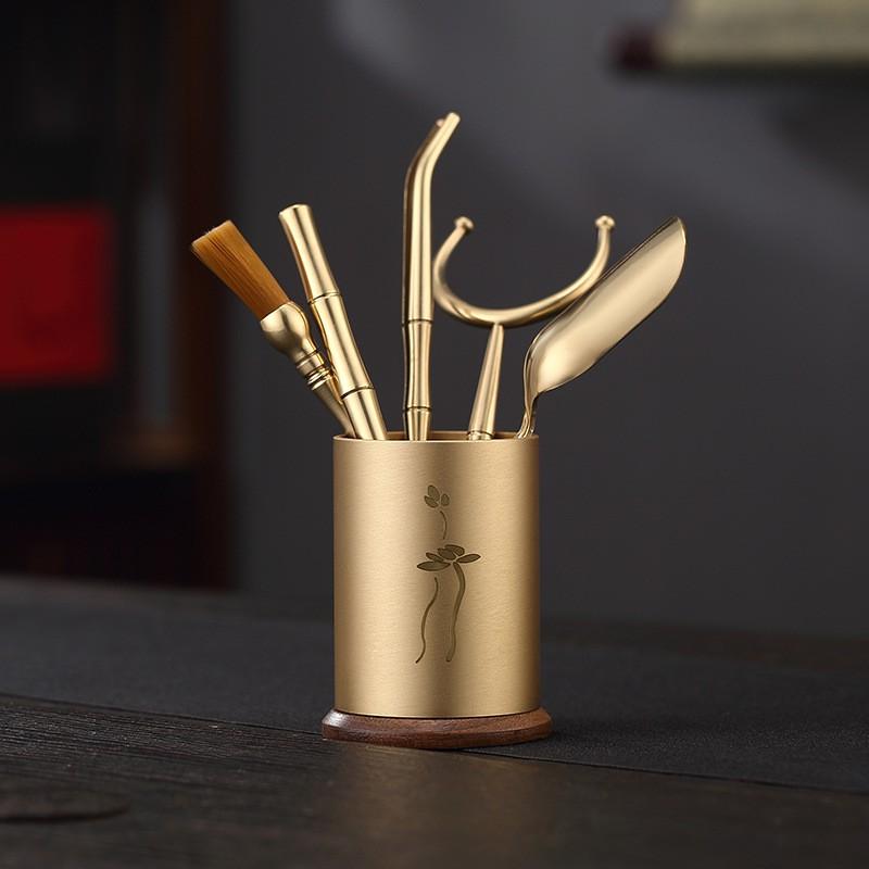 Copper Ebony Wood Tea Ceremony Six Tools Set Gongfu - Teaspoon Pick Tongs Scoop Brush Caddy