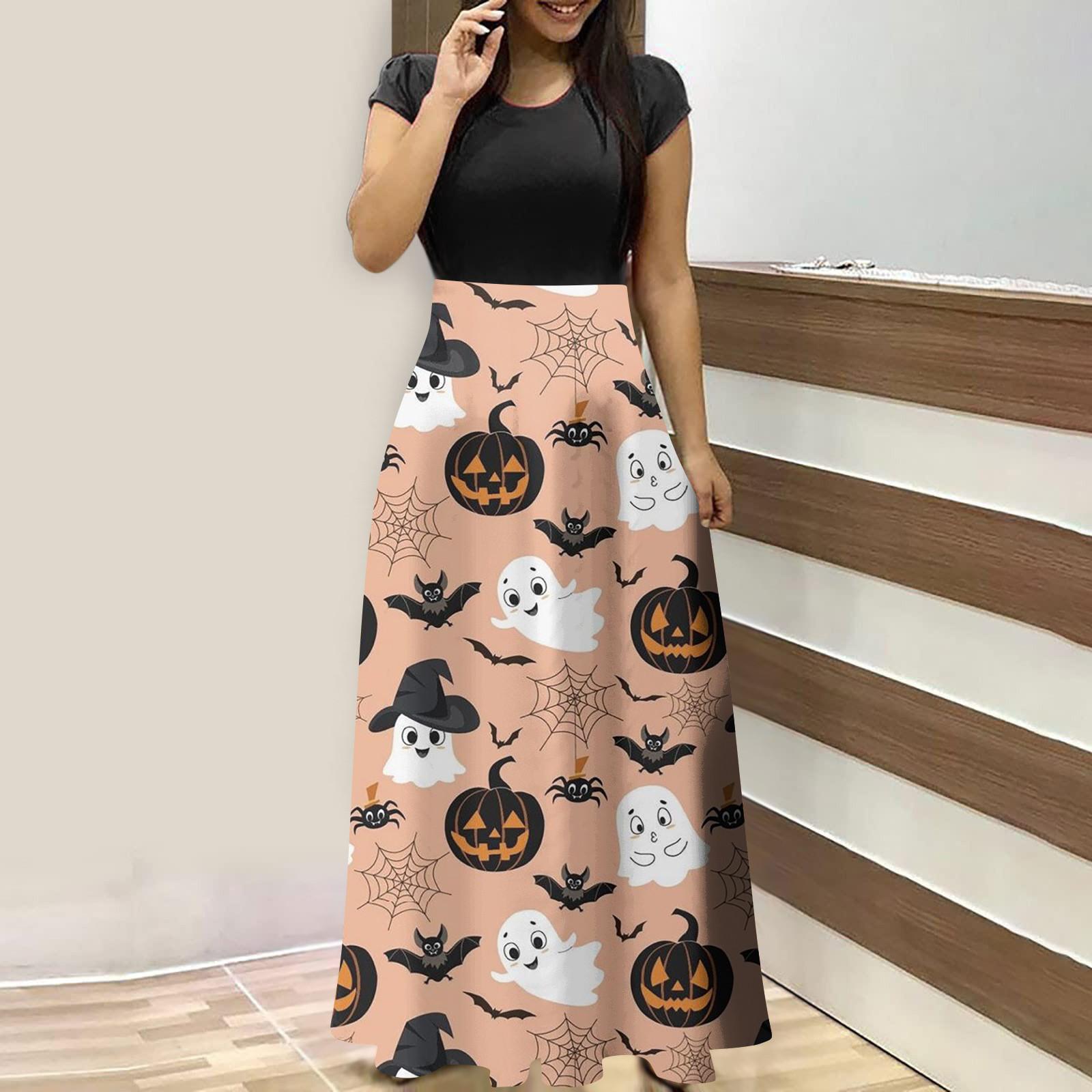 

Fashion Women s Print Casual Round Neck Short Sleeve Splicing Dress L помаранчевий