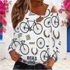 Women Plus Size Asymmetric Cutout Neck Cold Shoulder Long Sleeve Bicycle Printed White Fitted Top