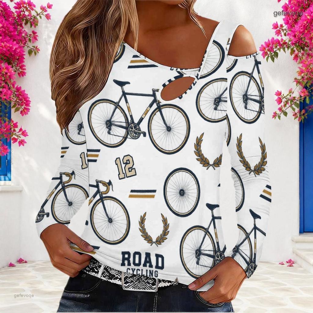 Women Plus Size Asymmetric Cutout Neck Cold Shoulder Long Sleeve Bicycle Printed White Fitted Top