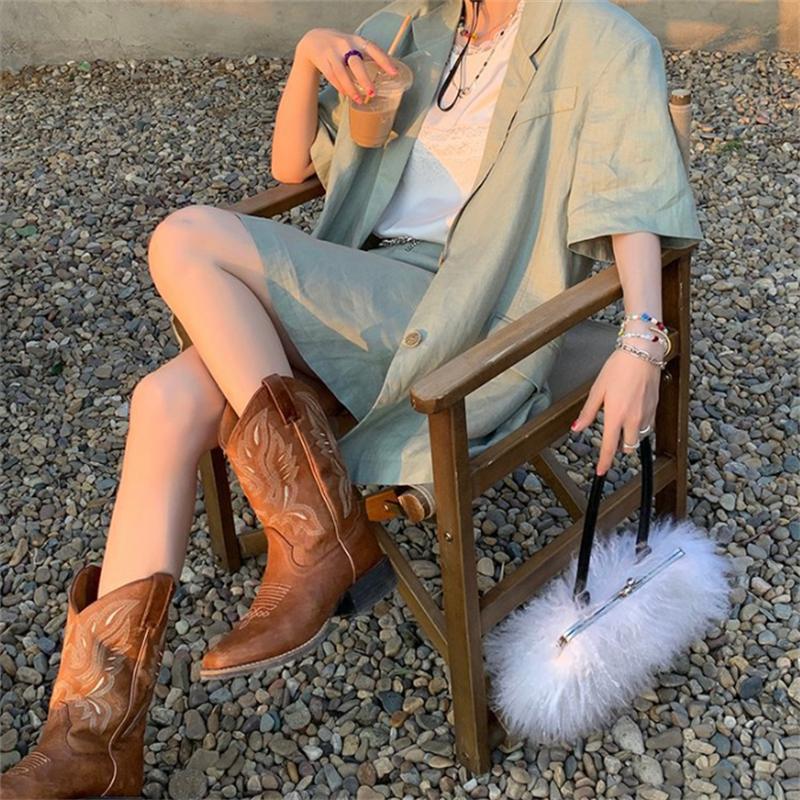 New Women Coffee Brown Embroidery Boots PU Leather Printed Western Cowboy Boots Deep V-mouth High Tube Casual Boots Classic