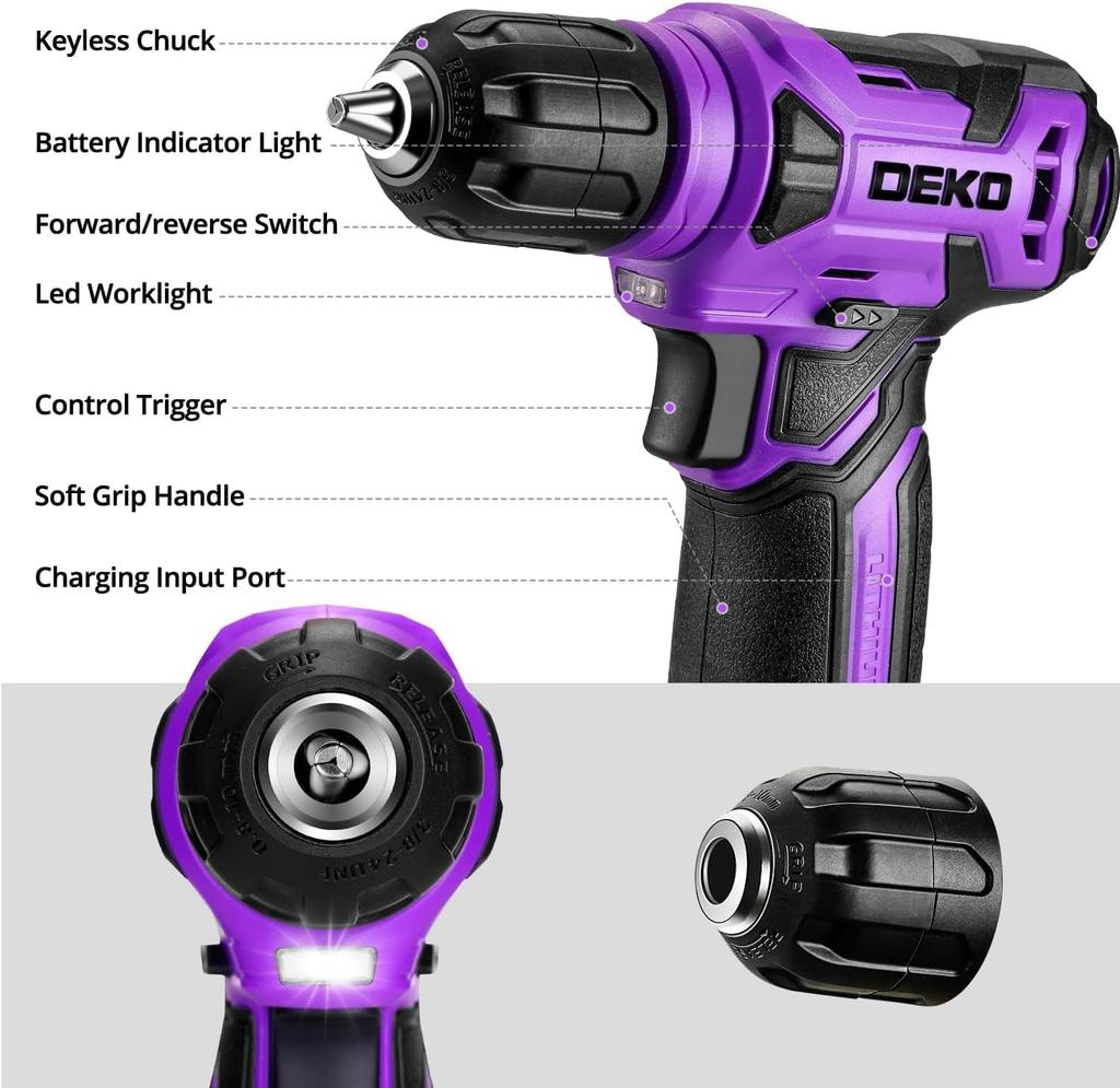 Tool Set with 8V Electric DIY Tool Power Tool Household Furniture Home Carpentry Tool Set with Convenient Storage Purple 126-Piece Drill, Set, Drill,