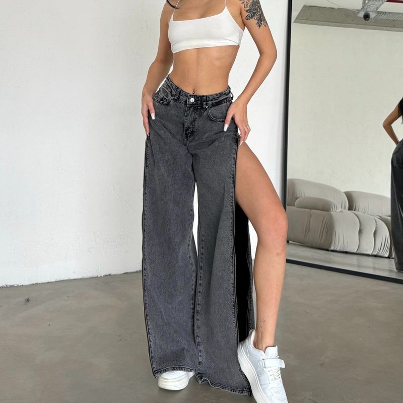 

Distressed High Waist Side Zip-up Design Sense Jeans Spring Women Straight Loose Slimming Trousers Gray GB1487 S