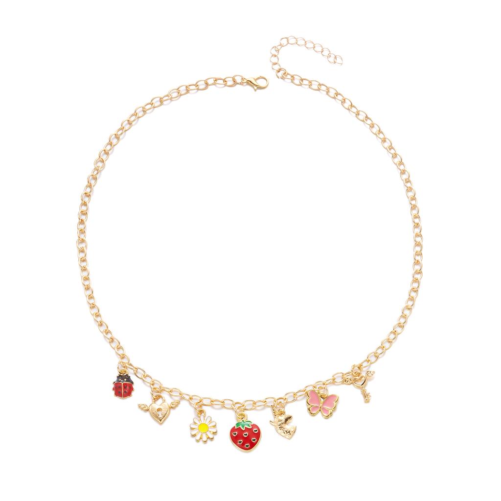 Sweet Cute Red Enamel Strawberry Charms Pendant Necklace for Women Fashion Sunflower Butterfly Clavicle Chain Party Jewelry Gift