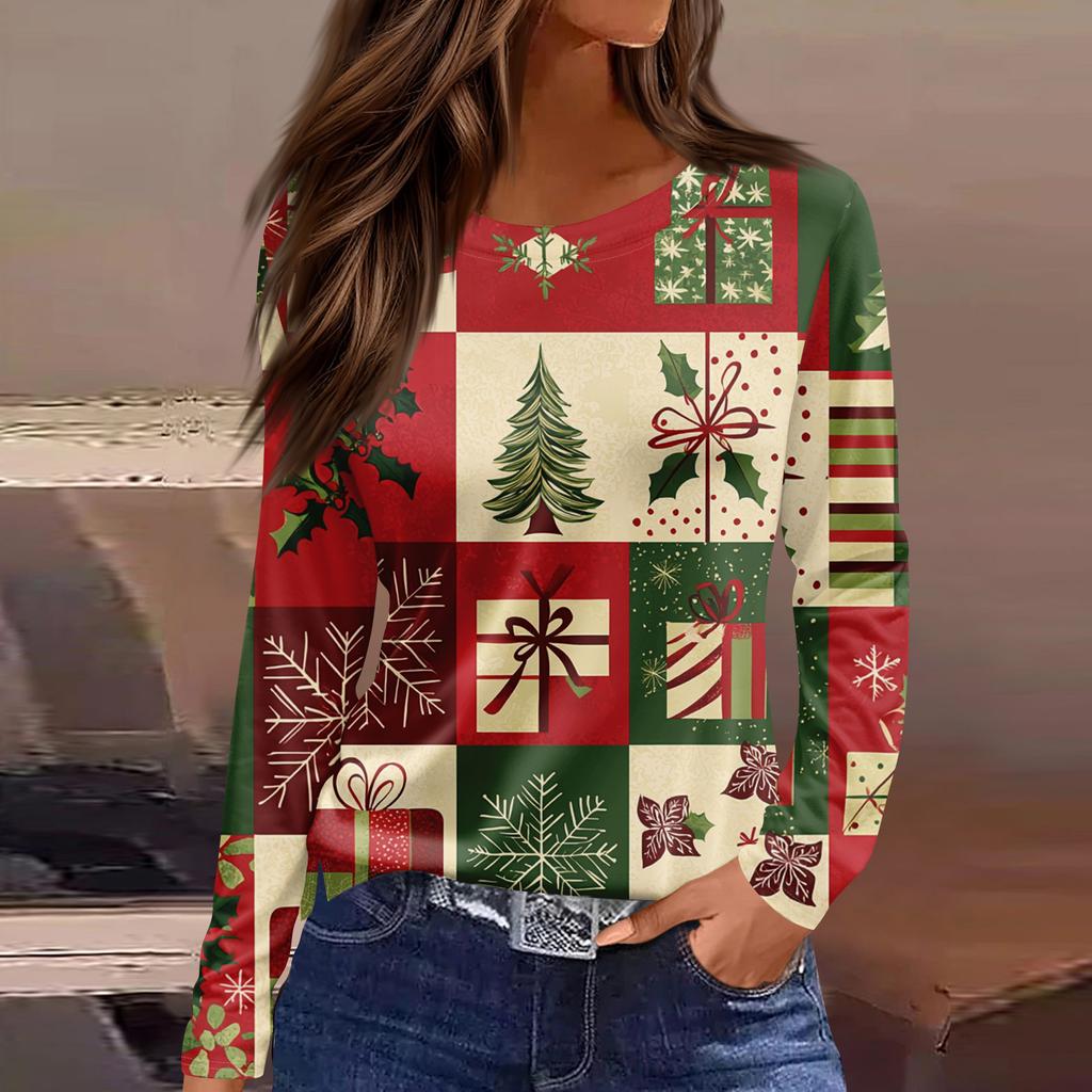 3D Santa Claus Head Printed Round Neck Long Sleeve T-shirt Fashion Casual Long Sleeve Top