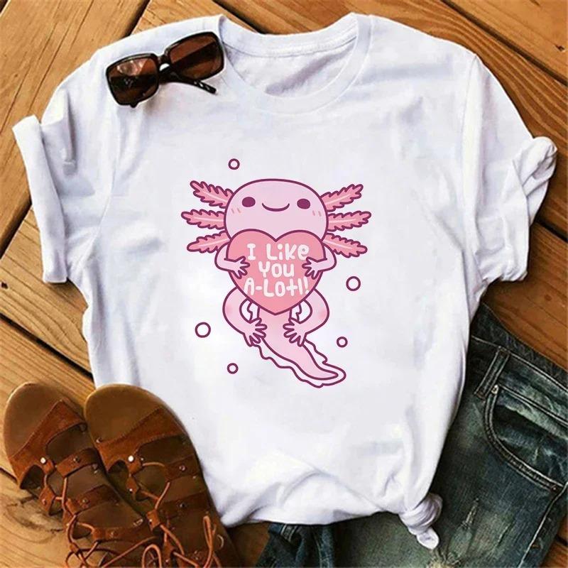 Funny Axolotl T Shirt Women Relaxolotl Kawaii Short Sleeve T-shirt Women's Clothing Summer Tops Y2k Casual Cartoon Graphic Tee