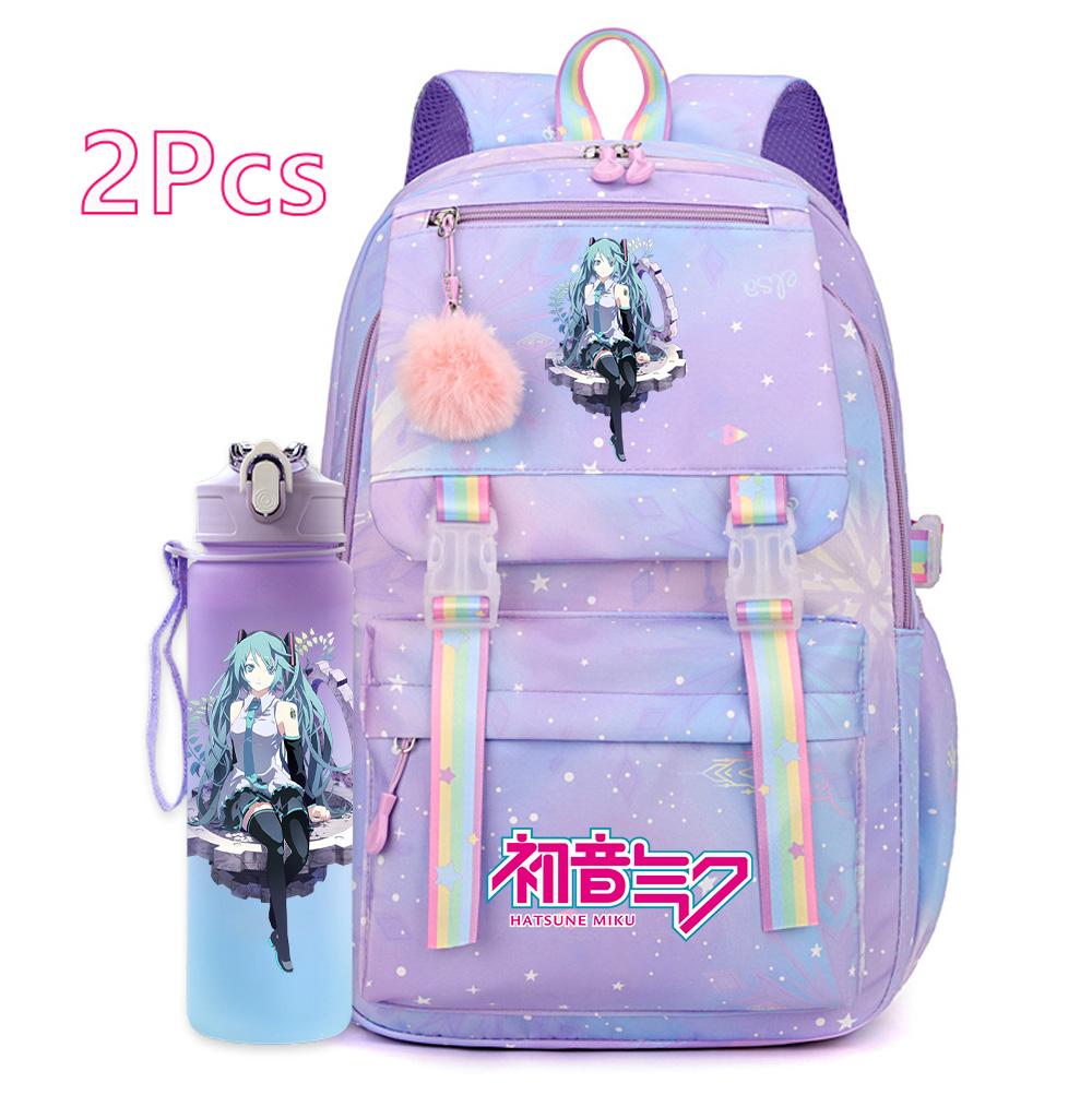 2 st/set Söt Hatsune Miku-tryckt Ryggsäck med 750 ml Vattenflaska för Tonårsflicka Pojke Skolväska Stor Kapacitet Vattentät Resväska Gåva
