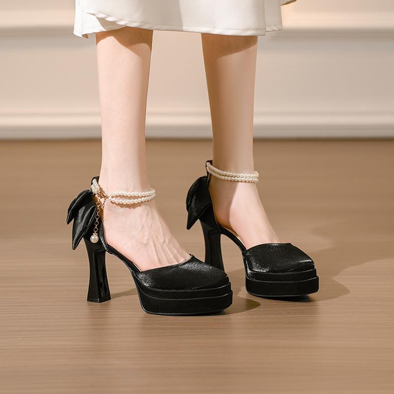 Κοίλα αδιάβροχα τραπέζι ψηλοτάκουνα χοντρό τακούνι γυναικεία 2025 άνοιξη και φθινόπωρο νέα φιόγκος ευέλικτα μονόκουμπα σαμπανιζέ παπούτσια γάμου