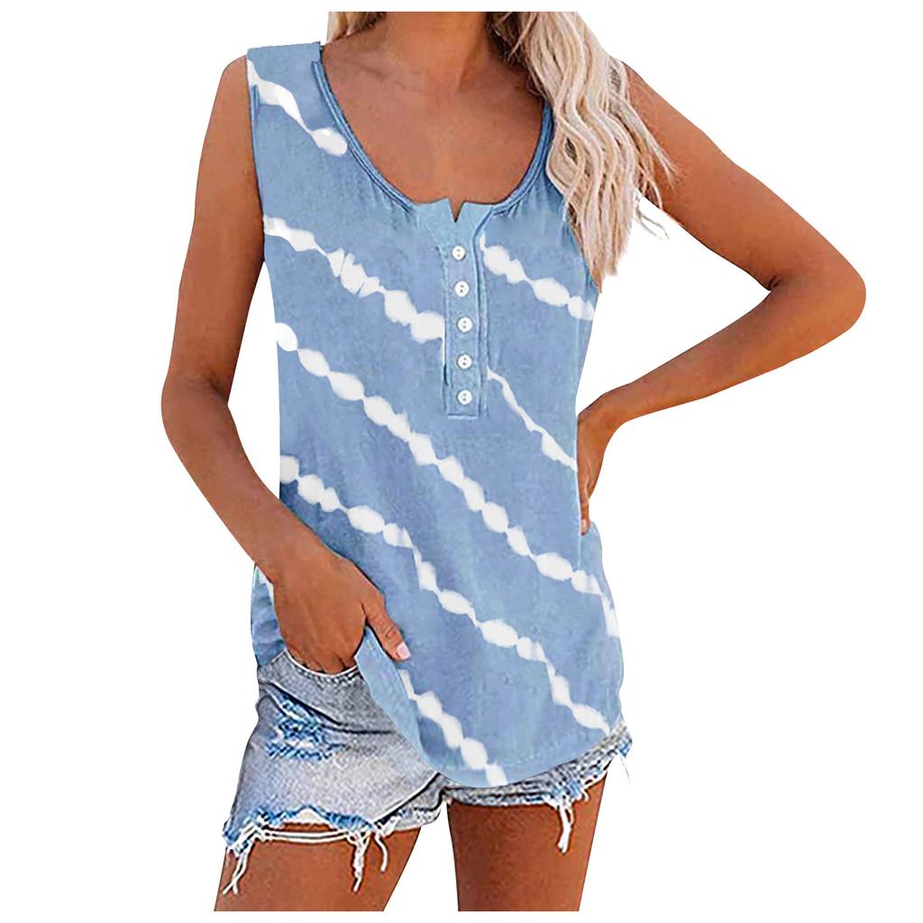 Women Sleeveless Button Front Tank Top Casual Round Neck Striped Printed Summer Blouse Lightweight Loose Fit Shirt