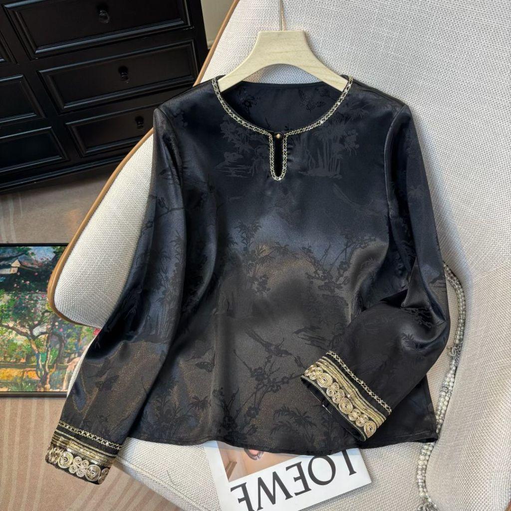 New Chinese Style Textured Knit Top With Geometric Pattern For Casual Women