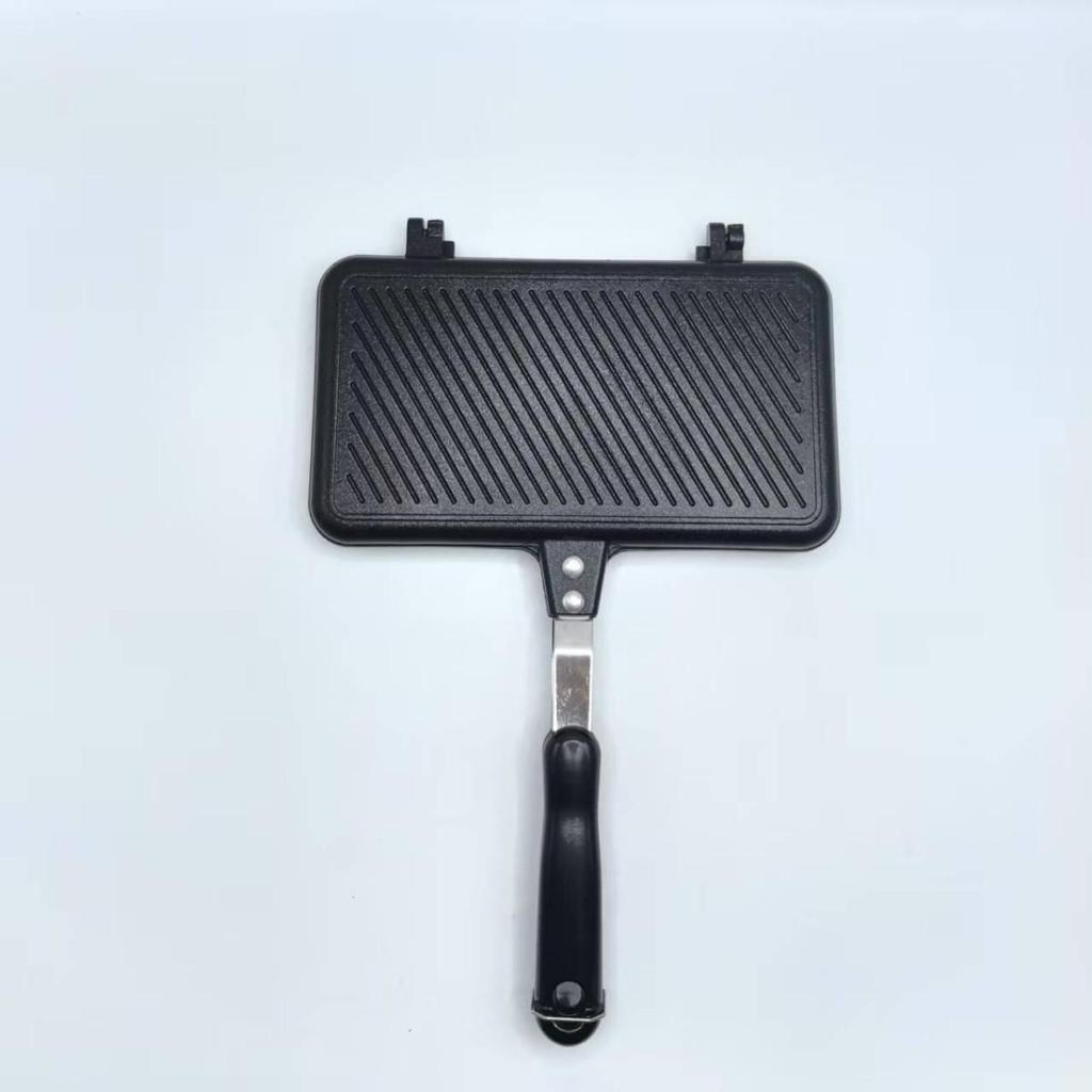 Introducing the "Double-Sided Striped Grill Pan" – perfect for sandwiches, steaks, and eggs.