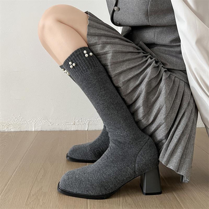Fashion Elastic Boots for WomenAutumn New Style Long Thigh-high Boots with Thick Heels and Small Square Heads Slender High Boots