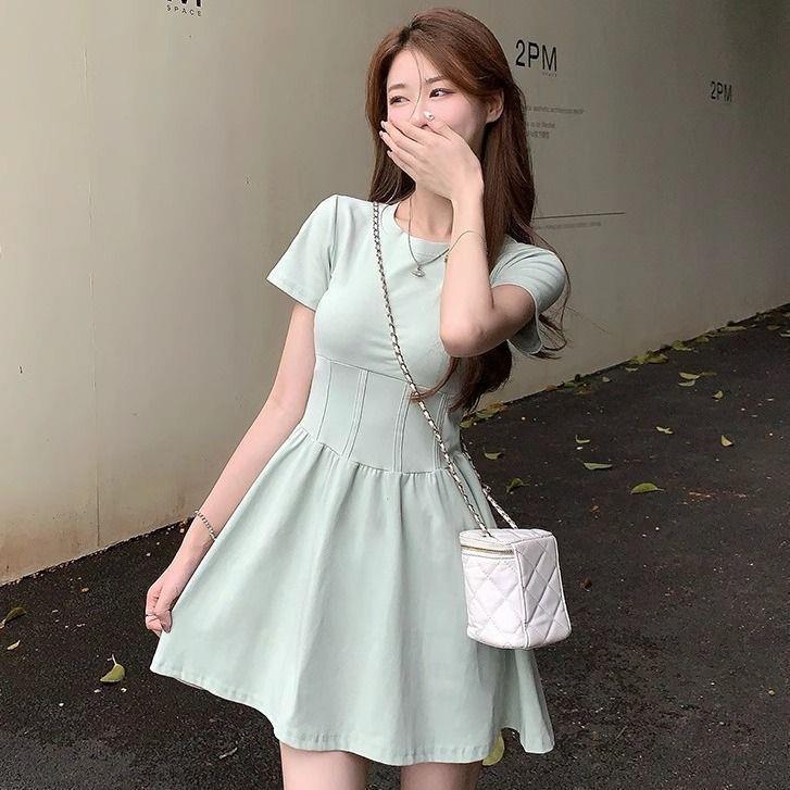 

Mint Mambo Women s Short-Sleeve A-Line Dress: Summer Style, Age-Reducing, Waist-Cinched, Slimming Mini Skirt. M up to 95 lbs