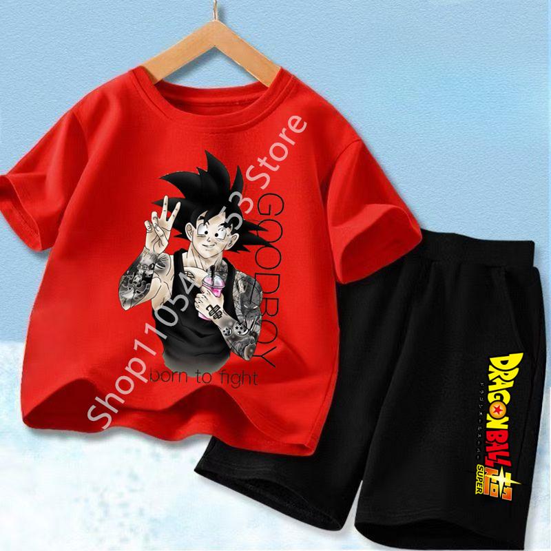 2026 Anime Cool Goku Dragon Ball Z Boys CosPlay Short Sleeve Shorts with Pocket Beach Pants Breathable Polyester T-shirt Kids Suit