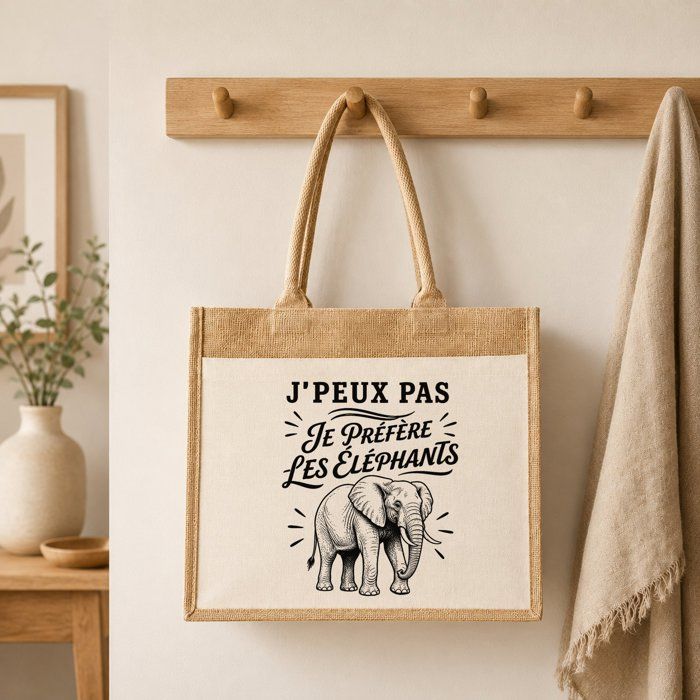 Sac Cabas Jute avec Poche J’peux pas je préfère les Éléphants J'peux pas minimaliste | Toile de Jute et Coton 21 L Fond Plat Anses