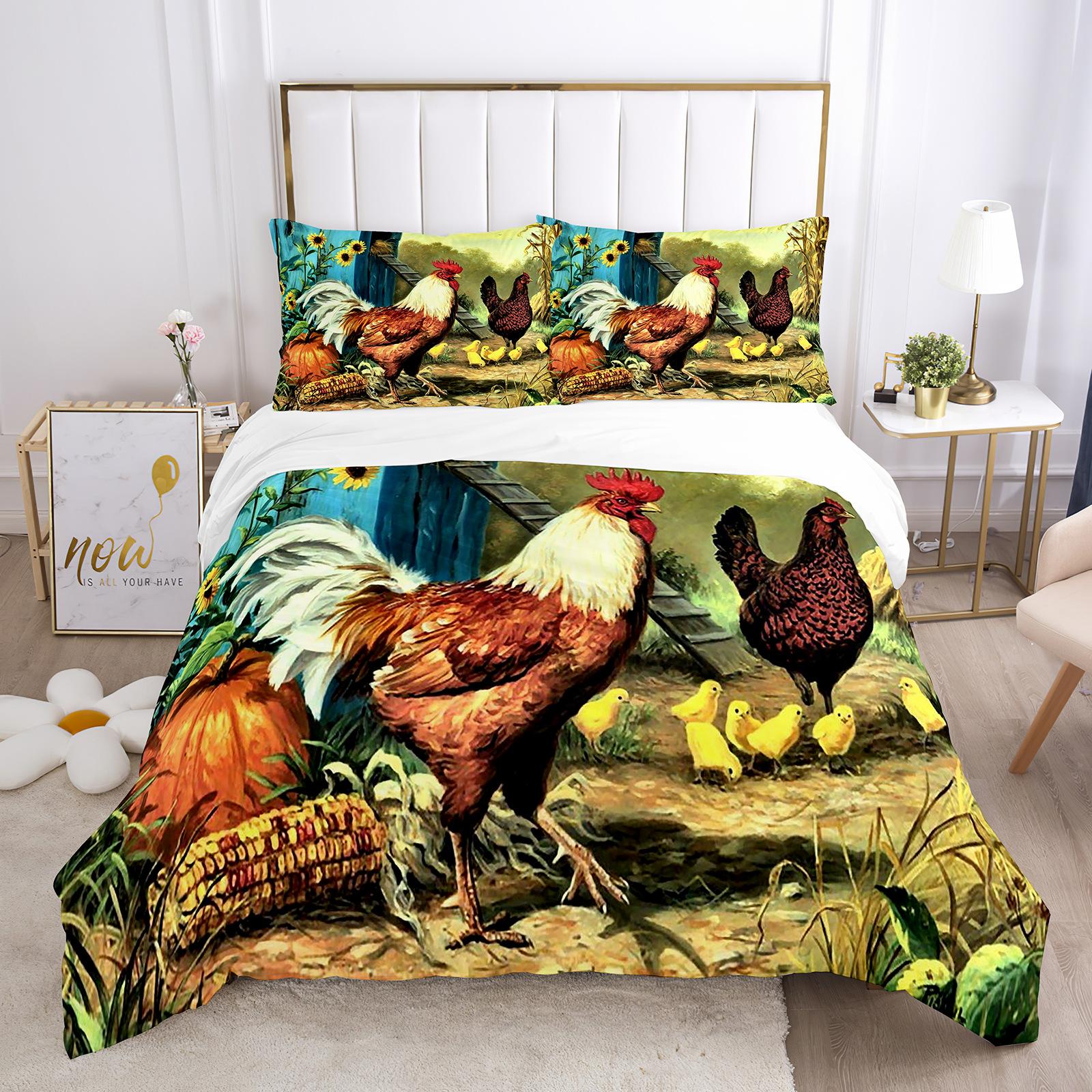 Chicken Duvet Cover Set Cool Animal Pattern Comforter Cover Funny Chicken Pattern Bedding Set Wildlife Quilt Cover (135x200cm)