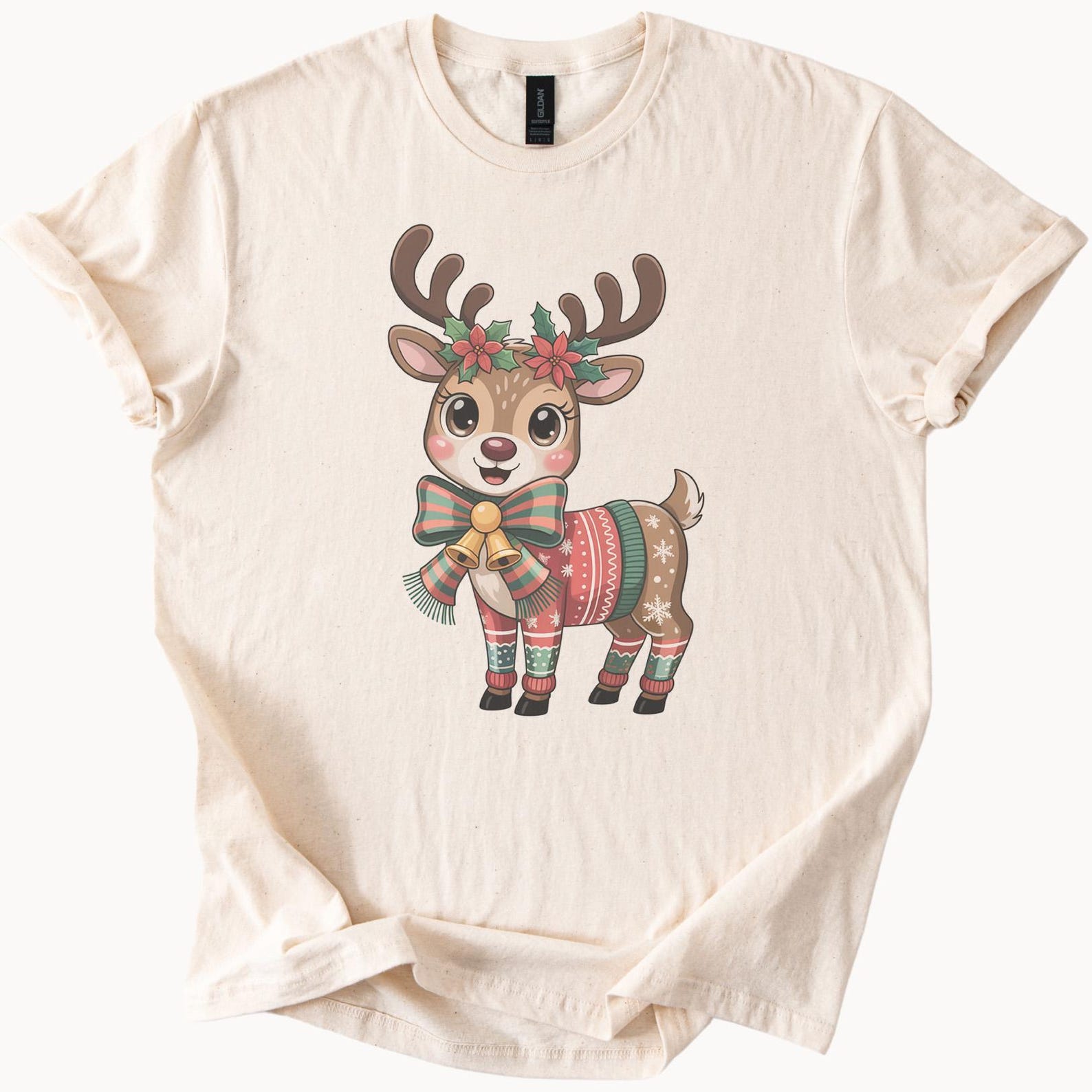 Cute Christmas reindeer t shirt festive holiday animal graphic with antlers floral crown red green sweater cozy winter tee 150