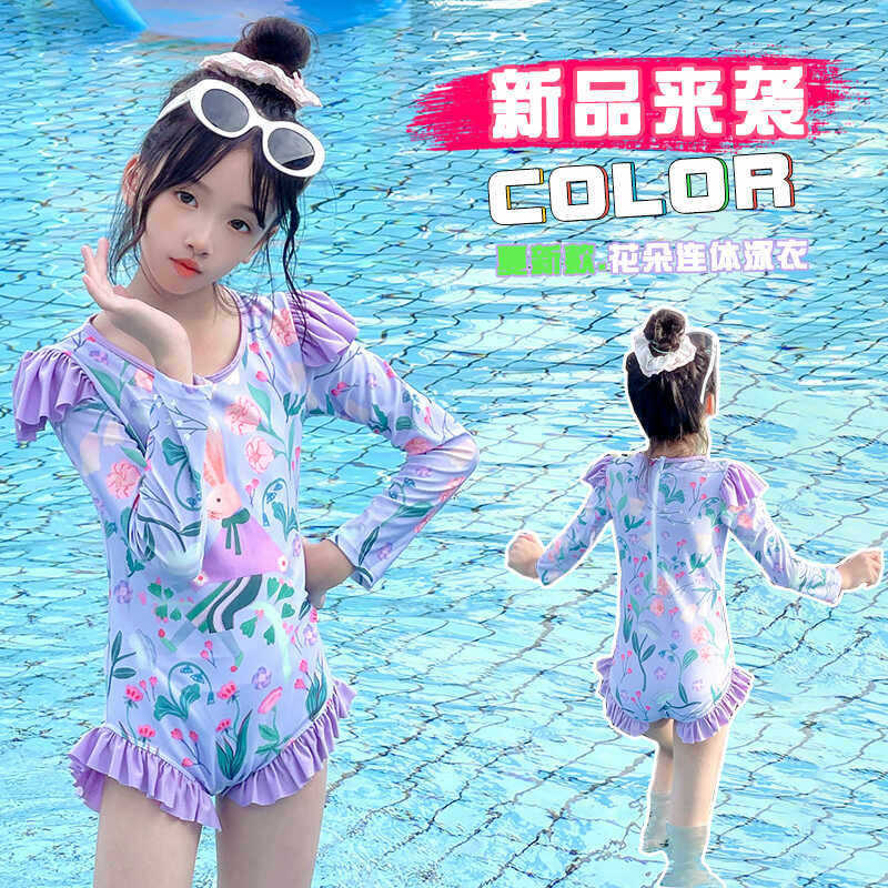 Girls Long Sleeve One Piece Swimsuit Summer Cartoon Floral Print Sun Protection Bathing Suit For Kids