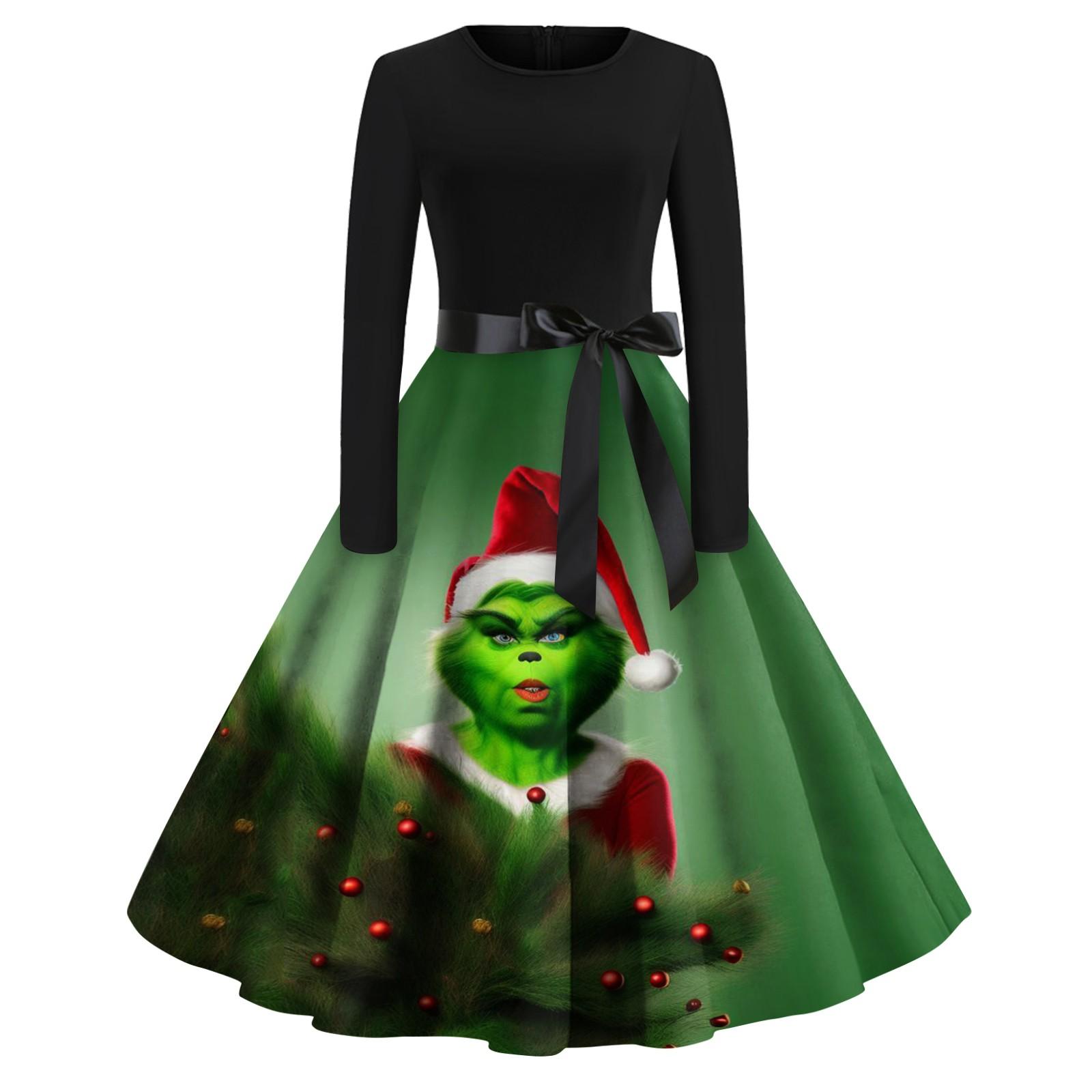 

Жіноча модна повсякденна сукня з різдвяним принтом і довгими рукавами з круглим вирізом XXXL