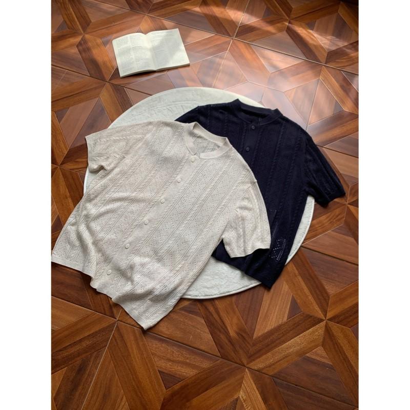 2026 Crew Neck Knit Top Short Sleeve Hollow Out Solid Color Basic Style Young Men